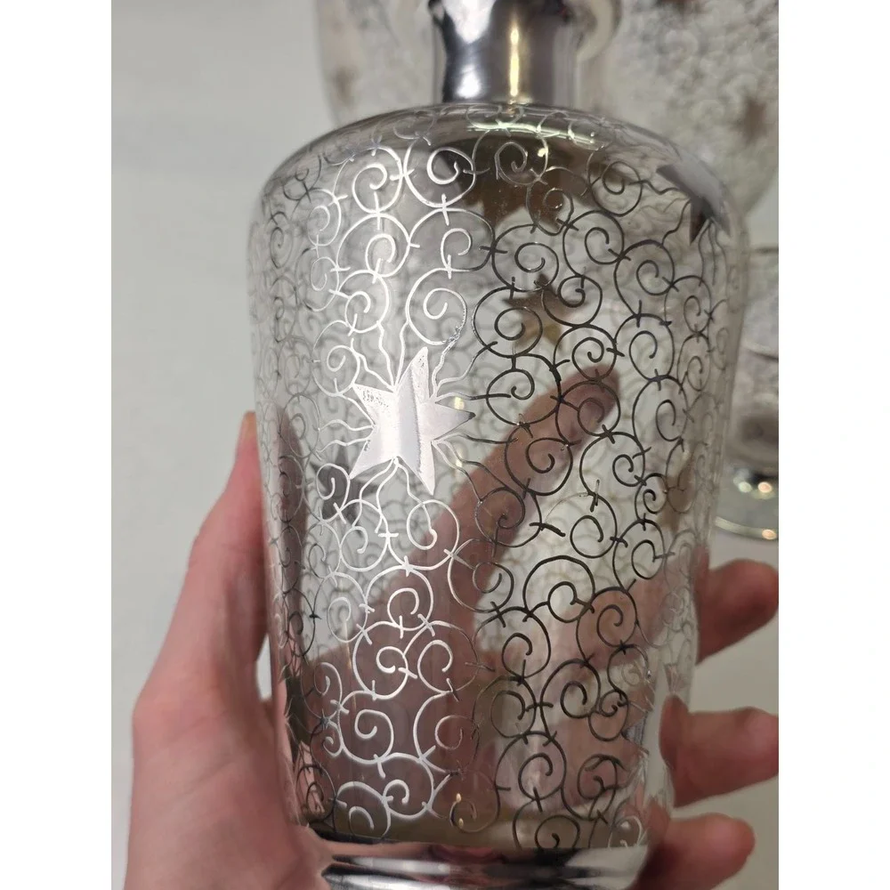 Vintage Saint Graal Silver Overlay Crystal Decanter & Glasses Cosmic Star France